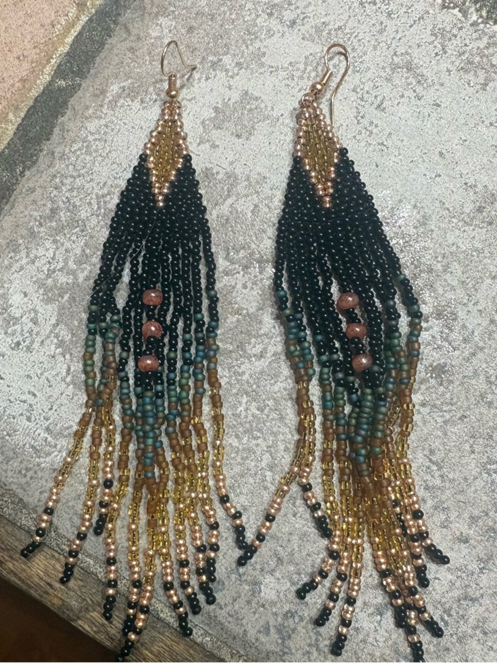 Handmade Beaded Fringe Earrings in Black and Gold